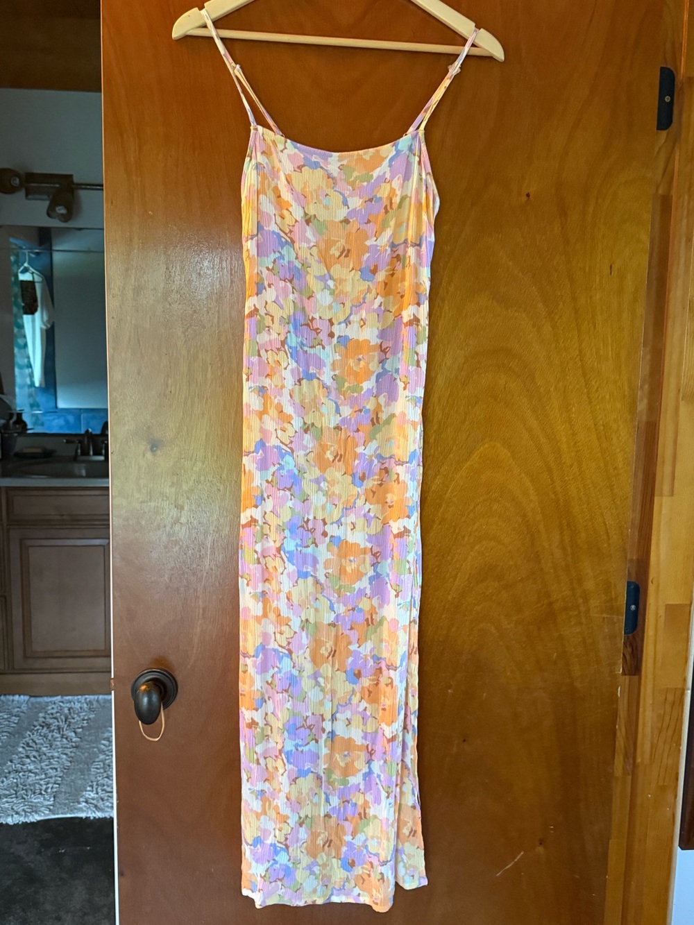 Roxy Floral Slip Maxi Dress in Pastel Orange and Lavender Flowers.